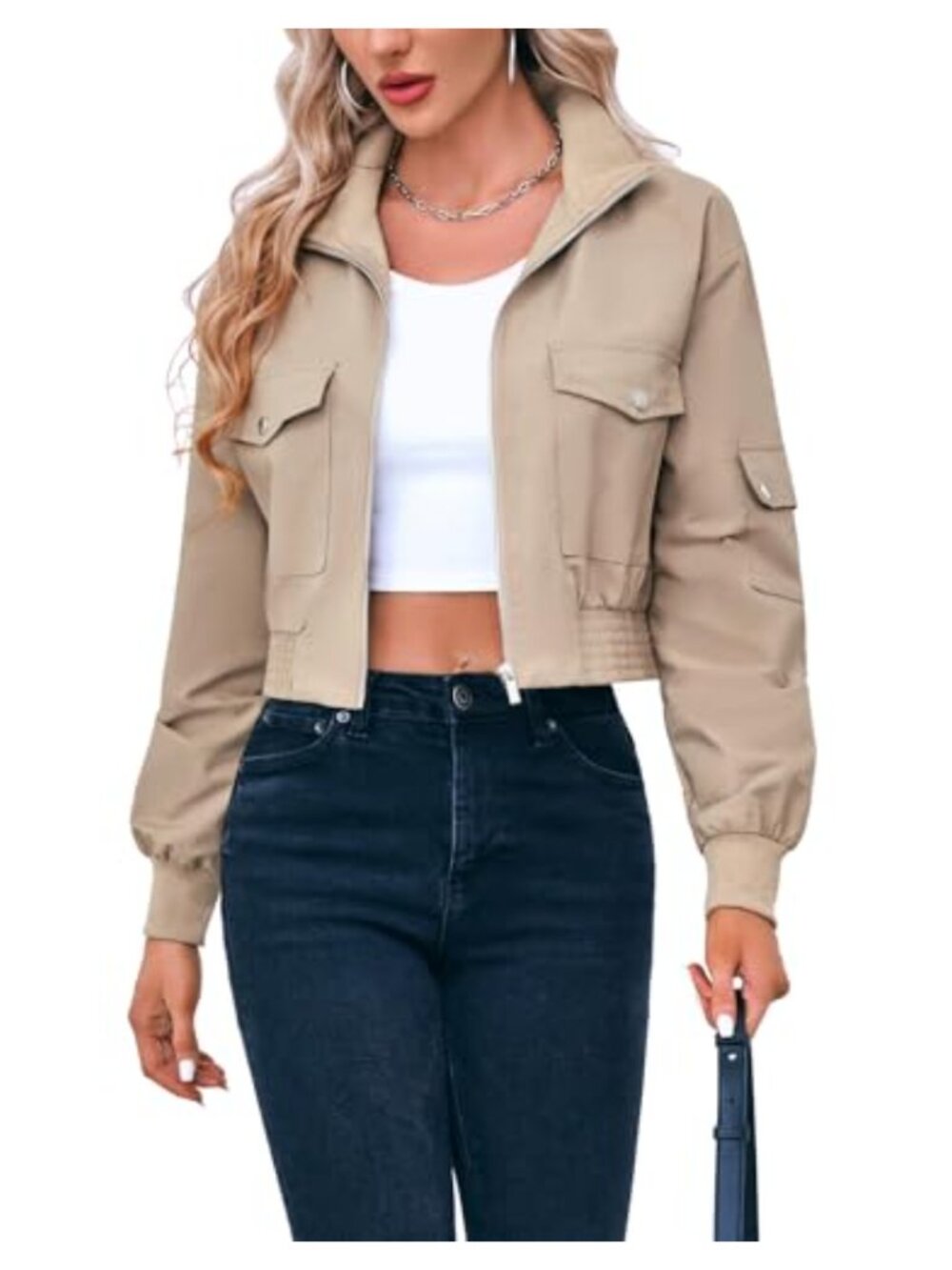 Women's Lightweight Cropped Bomber Jacket Zip Up Short Coat